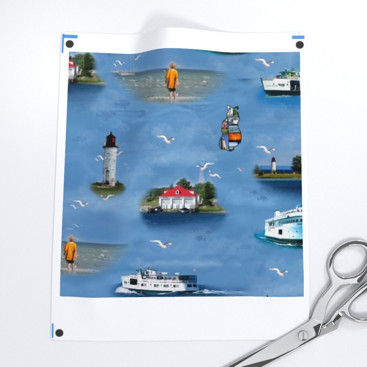 Island Paradise Lighthouse Ocean Lake Nautical Blue Red White Fish Sea Boat Custom Printed Fabric by Spoonflower Various Fabrics by the Yard or Fat Quarter